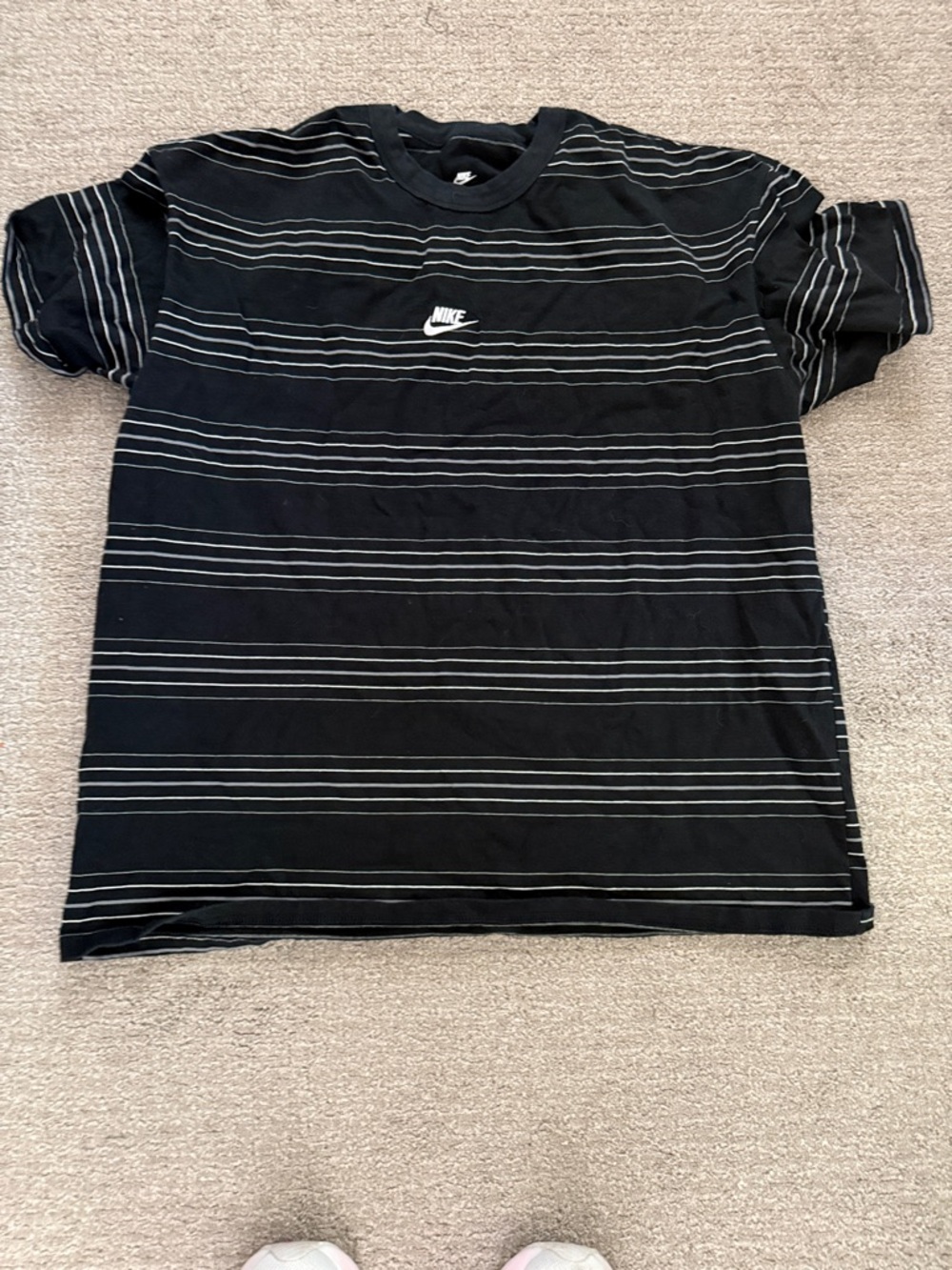 Nike Black Tee with Thin White Stripes and White Swoosh